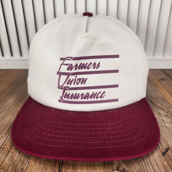 VINTAGE Farmers Union Insurance Hat Cap Snapback Maroon Made in USA L.W. Barrett - Picture 2 of 11